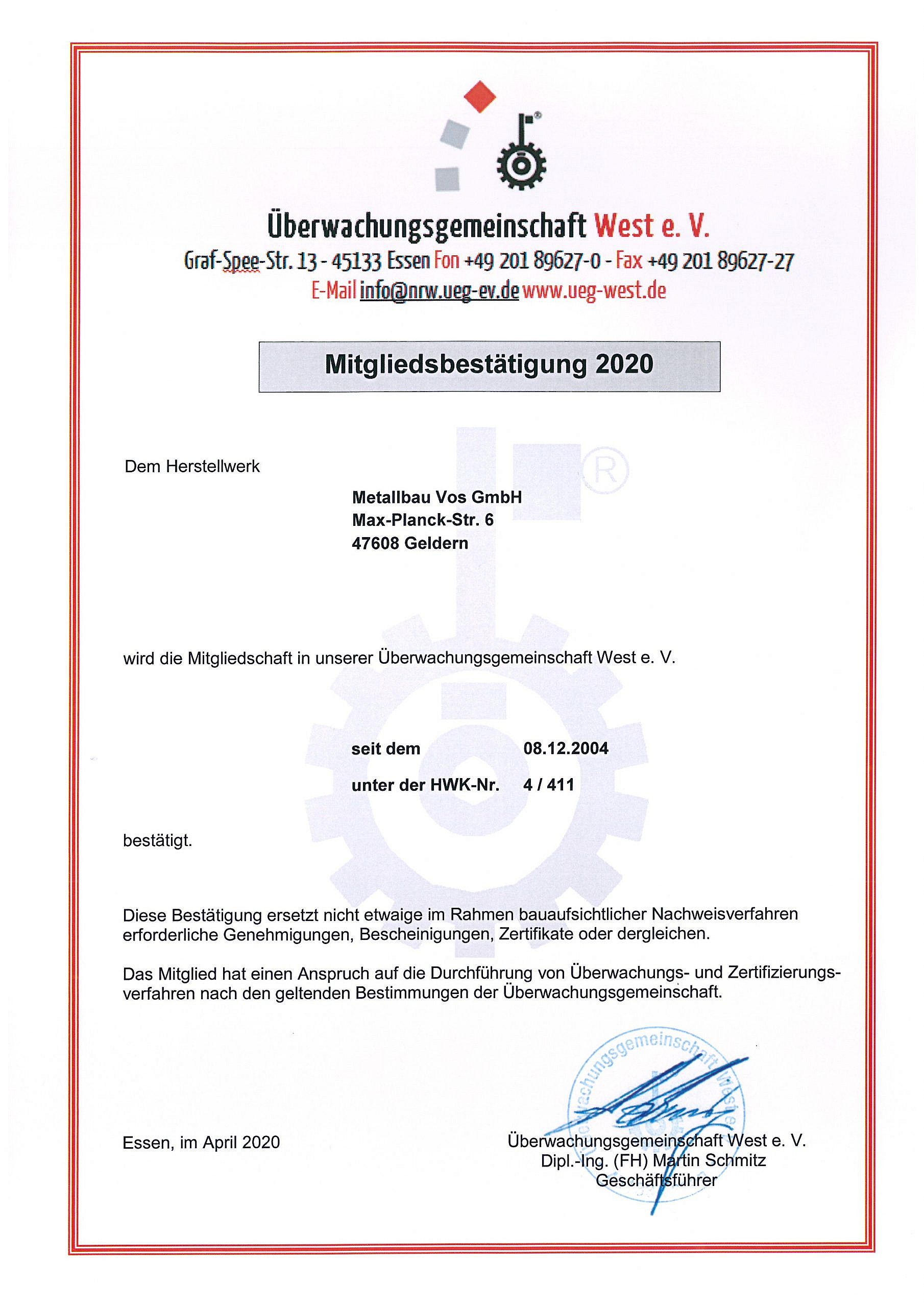 Zertifikat Überwachungsgemeinschaft 2020